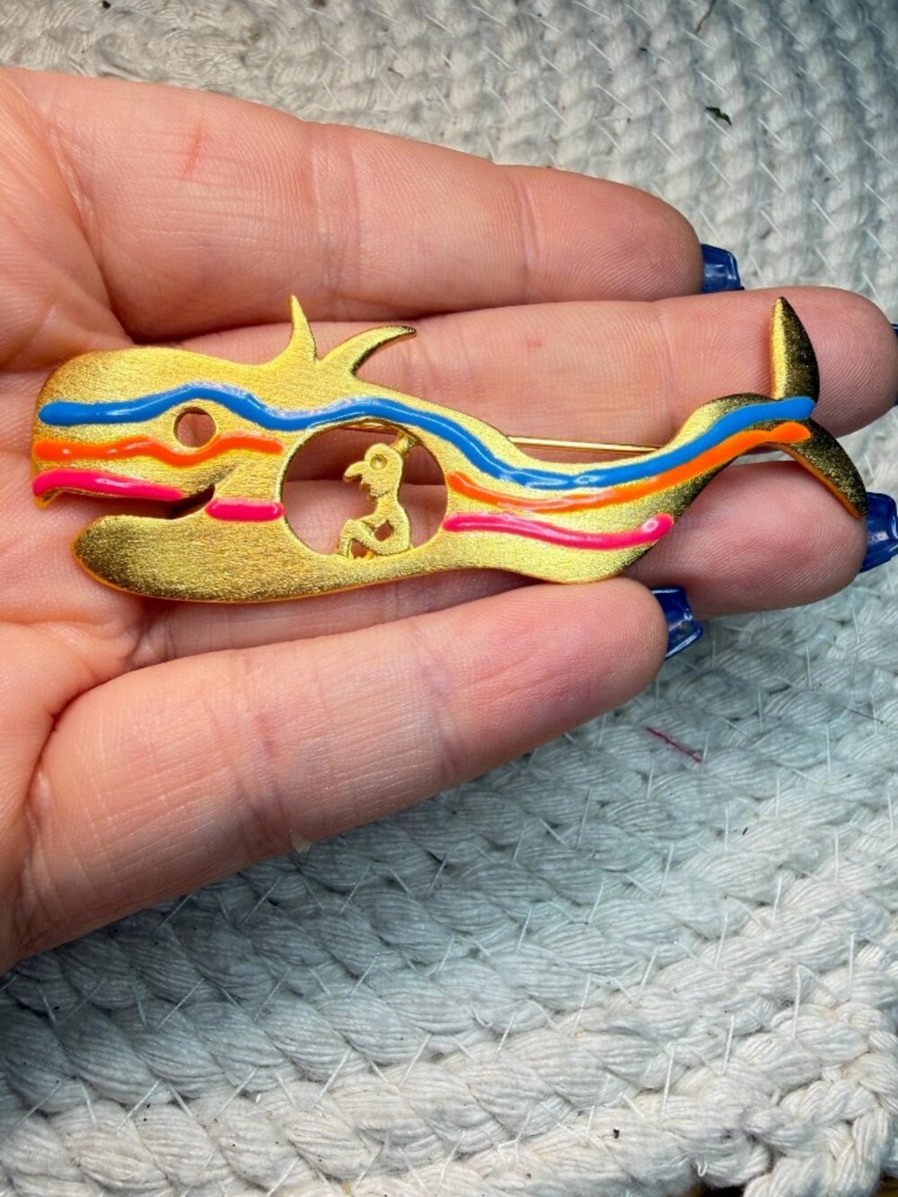 Tanya Creations Whale Brooch Boy in Belly Hand Painted Vintage TC Pin 3 inches